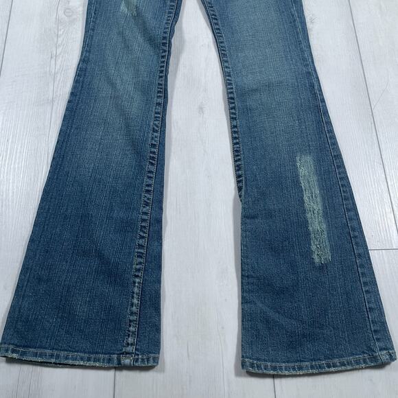 Vintage Bebe Y2k Low Rise Size 27 Flare Jeans Medium Wash Rhinestone Distressed - Picture 3 of 14